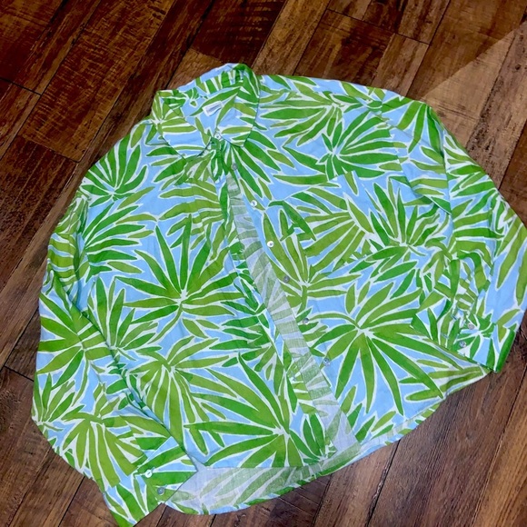 New without tag Sigrid Olsen linen palm leaf button up L  $165 summer coastal - Picture 2 of 5